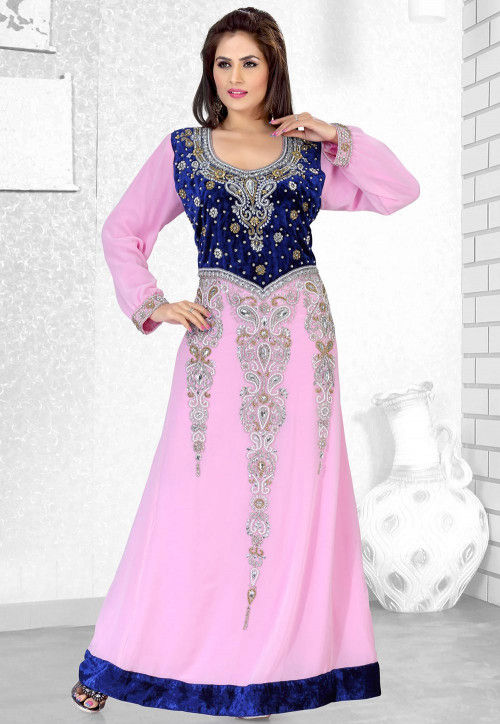 Hand Embroidered Georgette Abaya in Pink and Navy Blue : QFD235