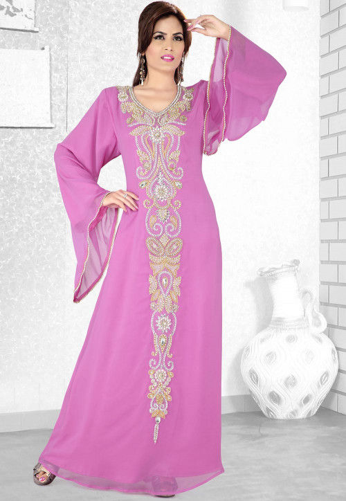 Hand Embroidered Georgette Abaya in Pink : QFD221