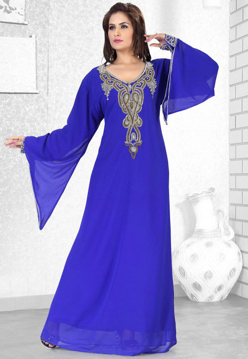 Hand Embroidered Georgette Abaya in Royal Blue : QFD237