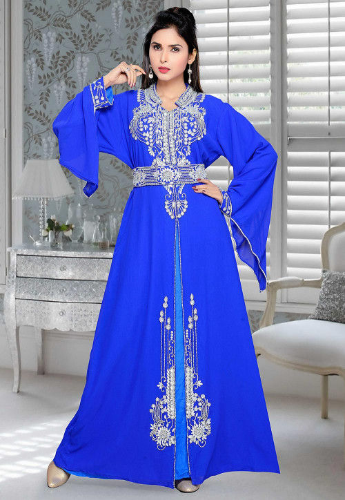 Hand Embroidered Georgette Abaya in Royal Blue : QFD339