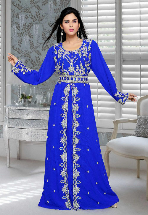 Hand Embroidered Georgette Abaya in Royal Blue : QFD394