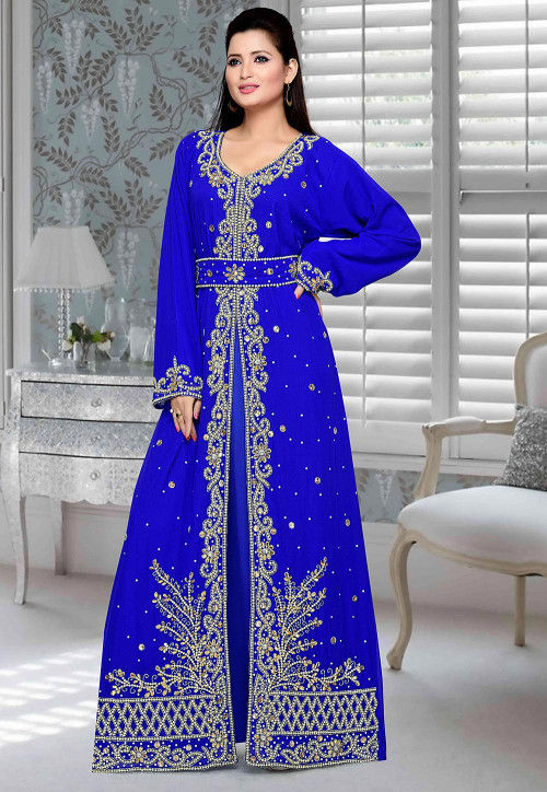 Hand Embroidered Georgette Abaya in Royal Blue : QFD420