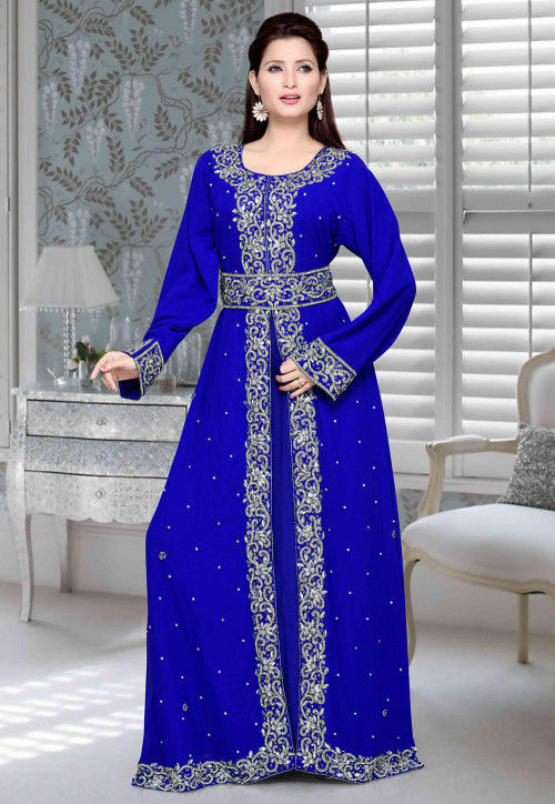 Hand Embroidered Georgette Abaya in Royal Blue
