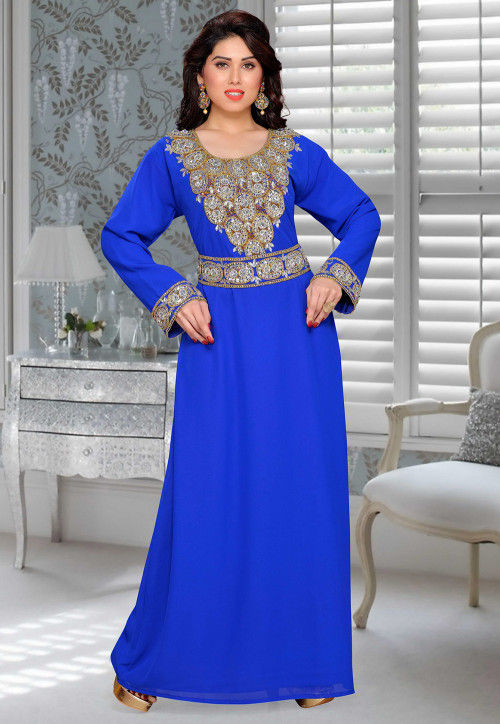Hand Embroidered Georgette Abaya in Royal Blue : QFD492