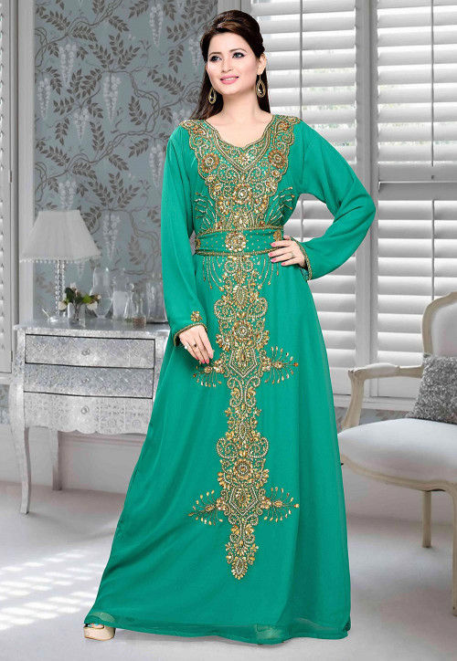 Hand Embroidered Georgette Abaya in Teal Green : QFD408