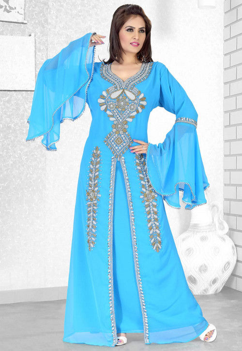 Hand Embroidered Georgette Abaya in Turquoise : QFD242