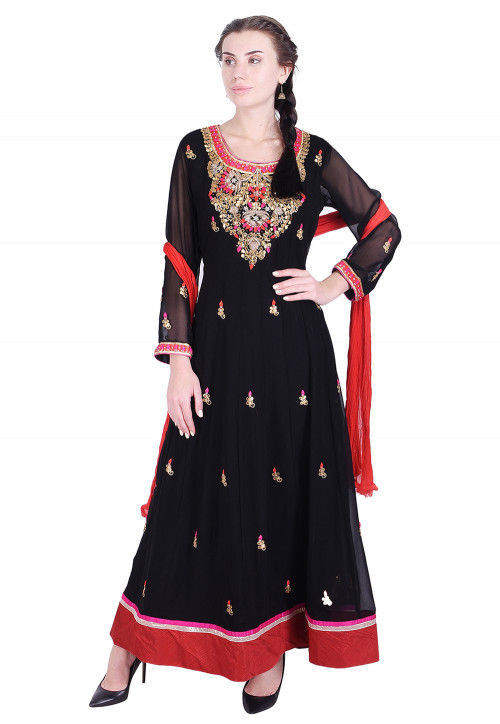 Hand Embroidered Georgette Abaya Style Suit in Black