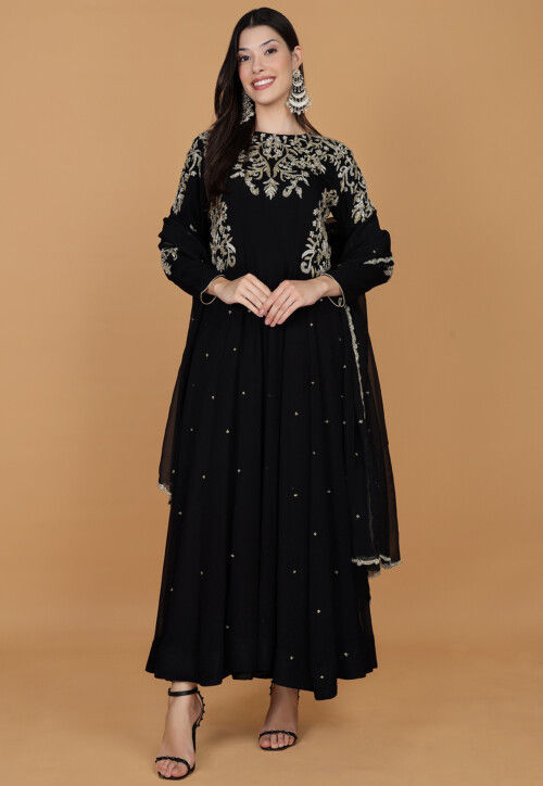 Hand Embroidered Georgette Abaya Style Suit in Black