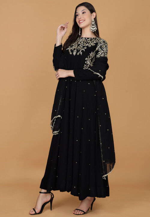 Hand Embroidered Georgette Abaya Style Suit in Black