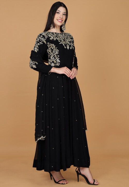 Hand Embroidered Georgette Abaya Style Suit in Black