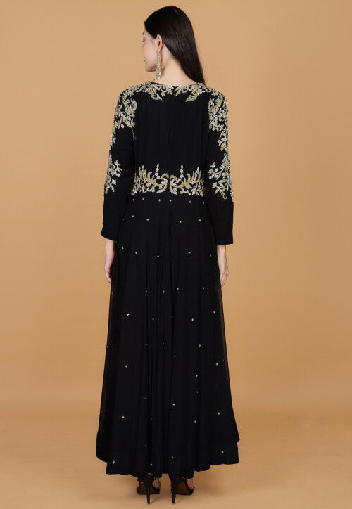 Hand Embroidered Georgette Abaya Style Suit in Black