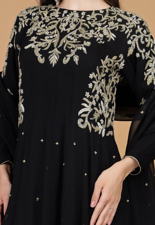 Hand Embroidered Georgette Abaya Style Suit in Black