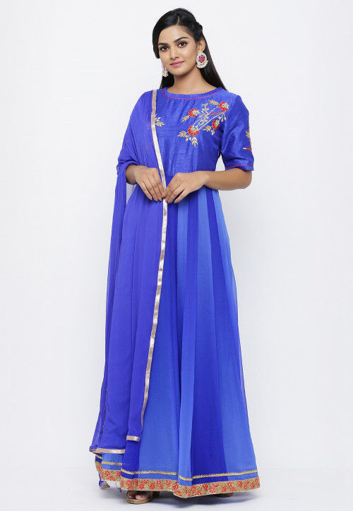 Hand Embroidered Georgette Abaya Style Suit in Shaded Blue