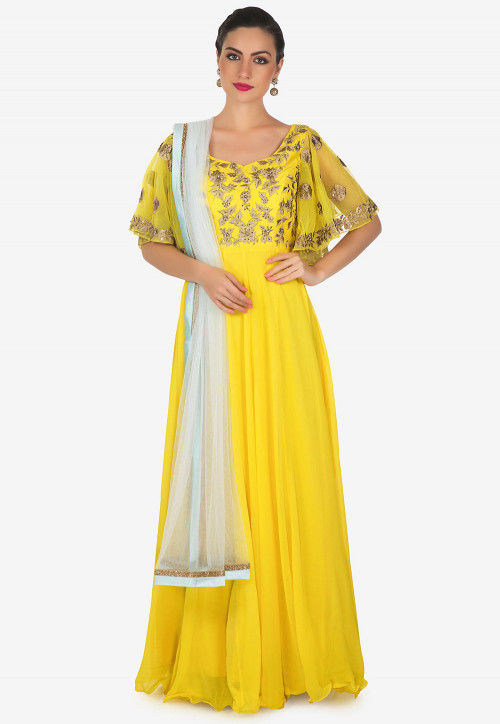 Hand Embroidered Georgette Abaya Style Suit in Yellow : KMDF25