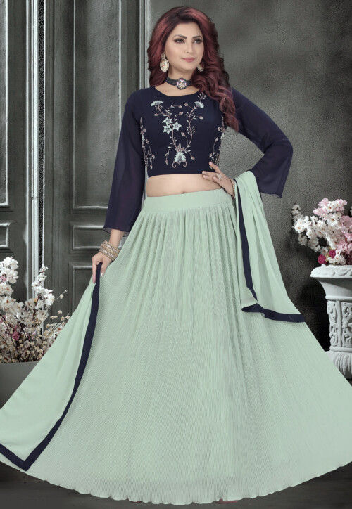 Hand Embroidered Georgette Accordion Lehenga in Sea Green
