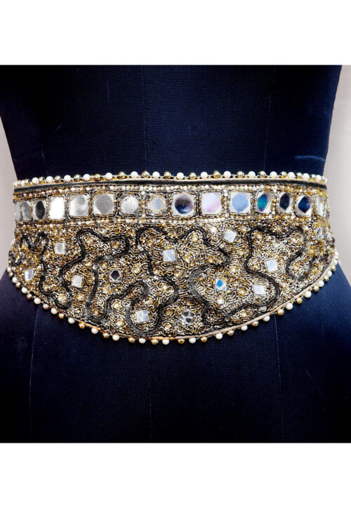 Hand Embroidered Georgette Adjustable Waist Belt in Black
