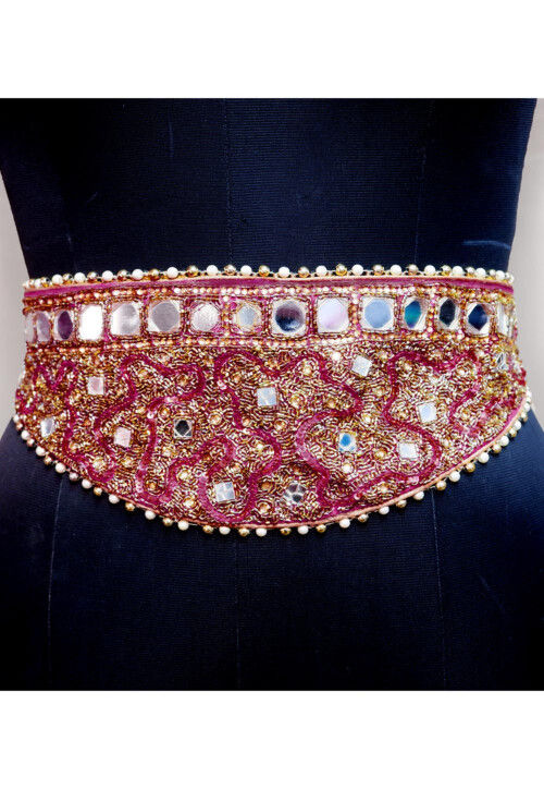 Hand Embroidered Georgette Adjustable Waist Belt in Fuchsia