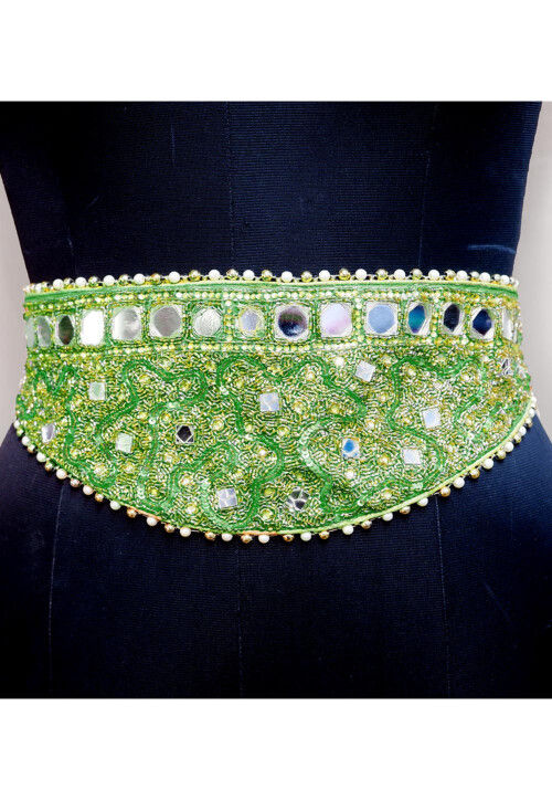 Hand Embroidered Georgette Adjustable Waist Belt in Green