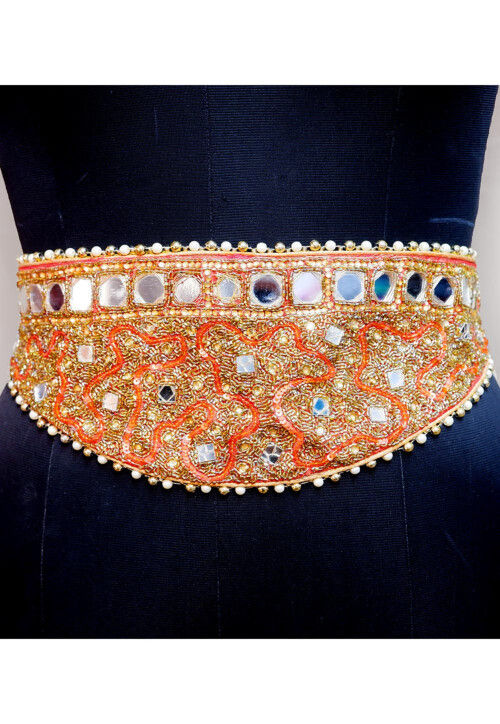 Hand Embroidered Georgette Adjustable Waist Belt in Orange