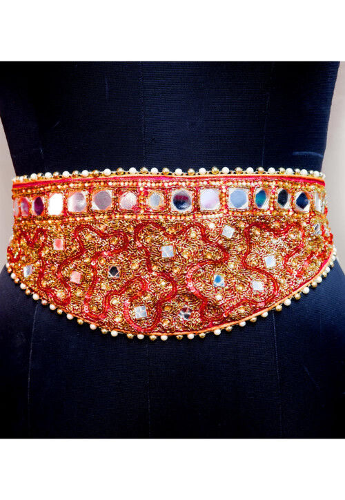 Hand Embroidered Georgette Adjustable Waist Belt in Red