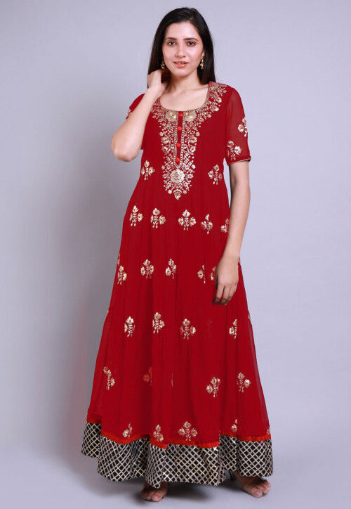 Hand Embroidered Georgette Anarkali Kurta in Red : TUC1678