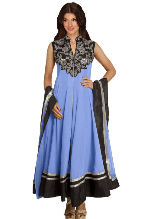 Hand Embroidered Georgette Anarkali Suit in Light Blue