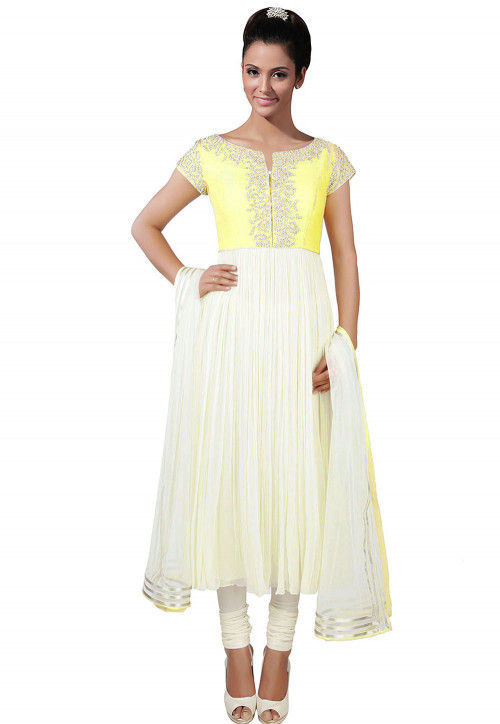 Hand Embroidered Georgette Anarkali Suit in White and Yellow