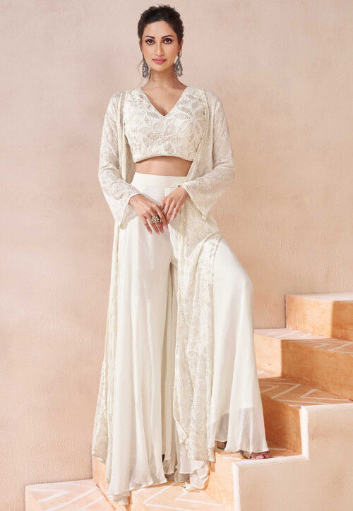 Buy Hand Embroidered Georgette Crop Top Set in Off White Online