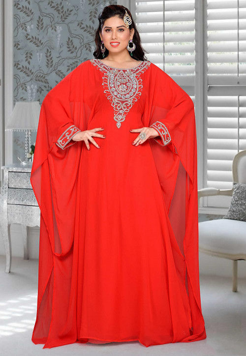 Hand Embroidered Georgette Farasha Kaftan in Red
