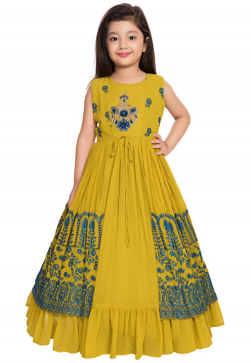 Hand Embroidered Georgette Flared Gown in Mustard : UKU1170