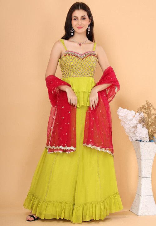 piludi Women's Net Embroidered Frill unstitched Lehenga Choli and Dupatta  Set : Amazon.in: Fashion