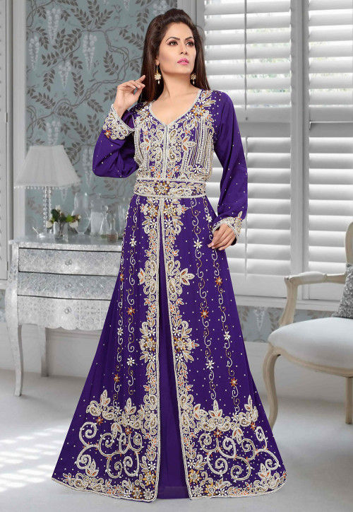 Hand Embroidered Georgette Front Slitted Abaya in Purple : QFD501