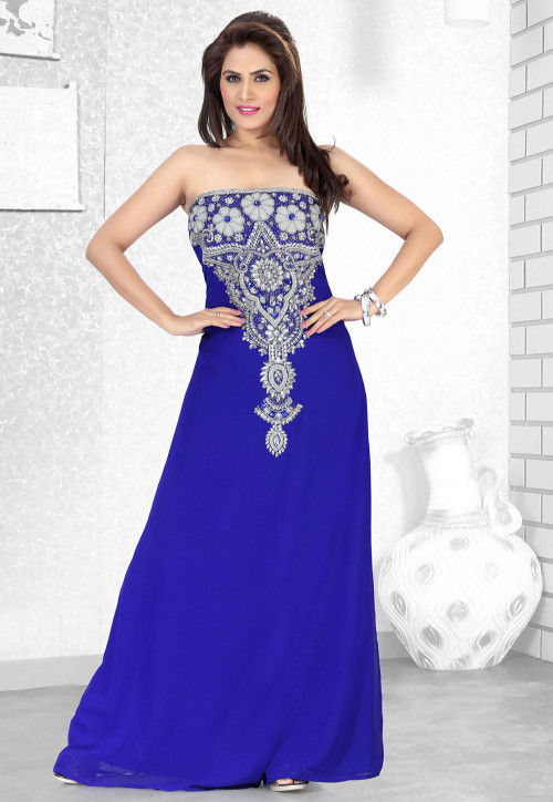 Hand Embroidered Georgette Fustan in Royal Blue : QFD531