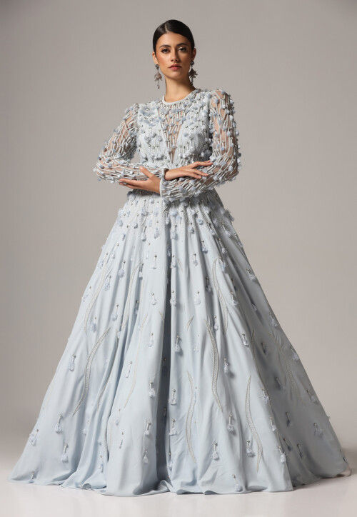 Hand Embroidered Georgette Gown in Light Blue