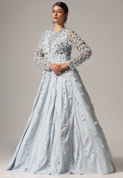 Hand Embroidered Georgette Gown in Light Blue