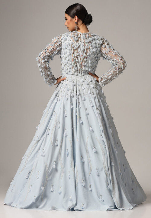 Hand Embroidered Georgette Gown in Light Blue