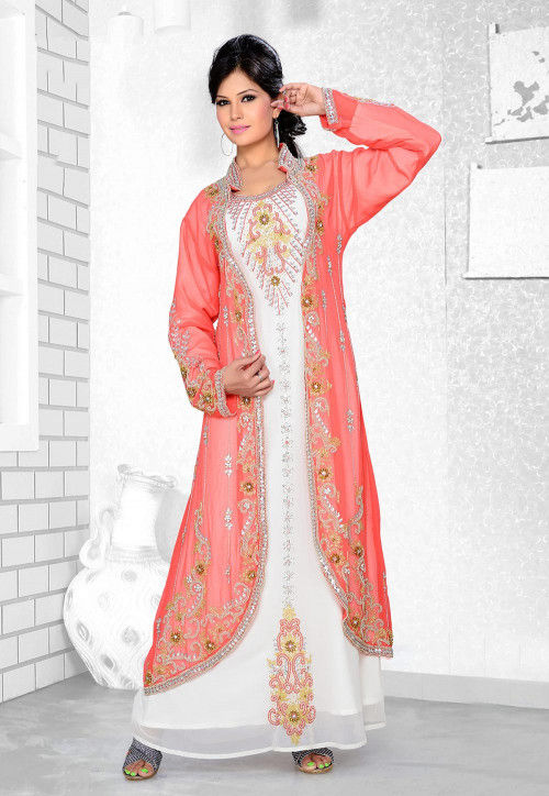 Hand Embroidered Georgette Jacket Style Abaya in Peach and White
