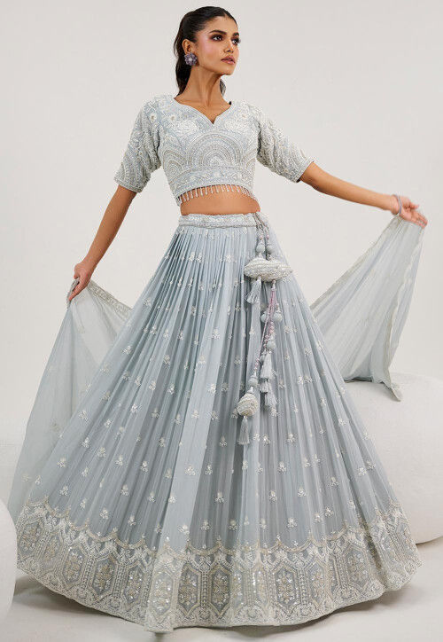 Hand Embroidered Georgette Lehenga in Grey