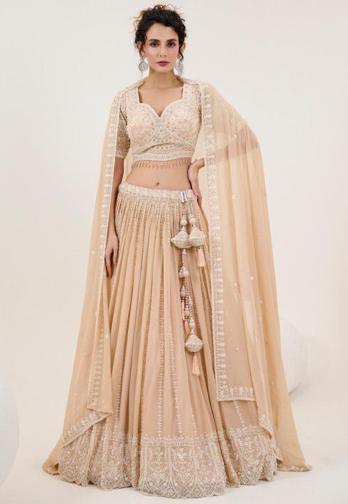Hand Embroidered Georgette Lehenga in Peach