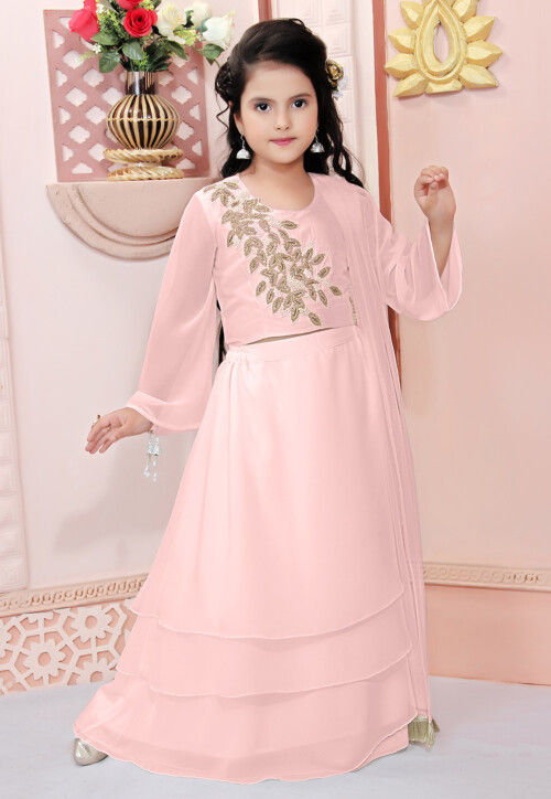 Hand Embroidered Georgette Lehenga in Peach