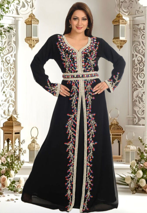 Hand Embroidered Georgette Moroccan Abaya in Black