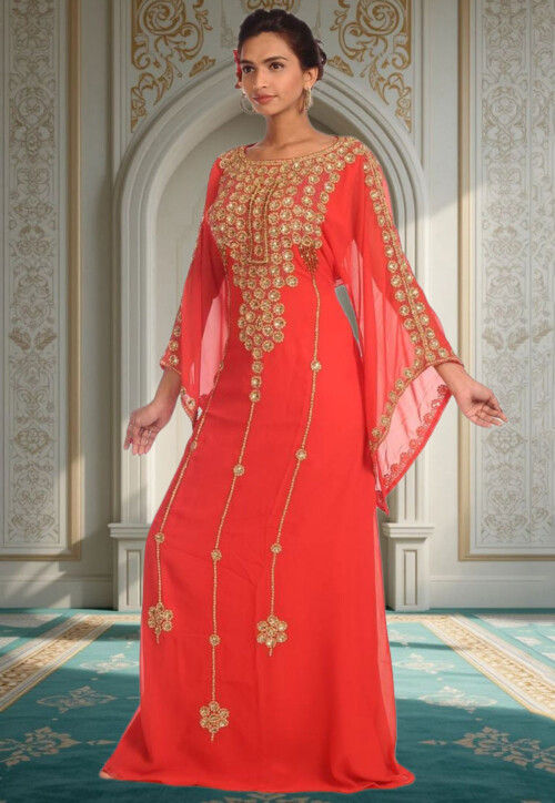 Hand Embroidered Georgette Moroccan Abaya in Red