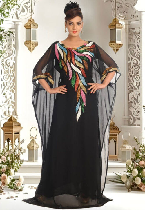 Hand Embroidered Georgette Moroccan Kaftan in Black Hand Embroidered Georgette Moroccan Kaftan in Black