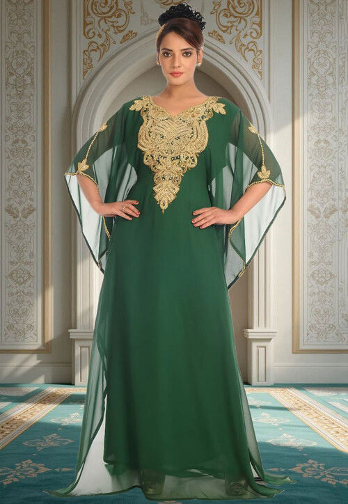 Hand Embroidered Georgette Moroccan Kaftan in Dark Green