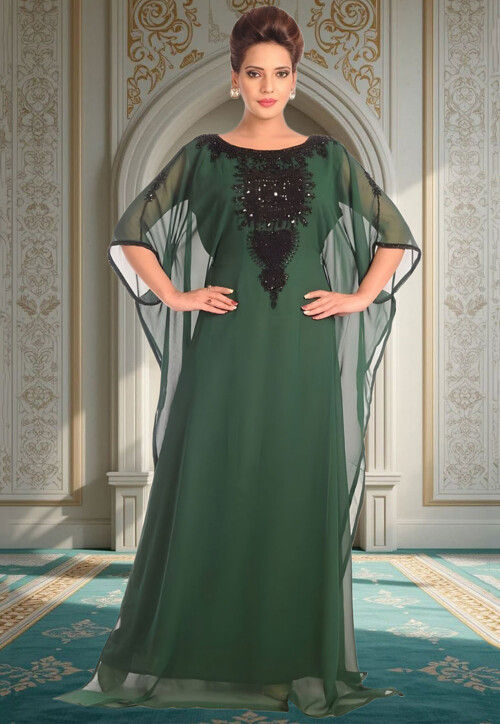 Buy Hand Embroidered Georgette Moroccan Kaftan in Dark Green Online :  QUN298