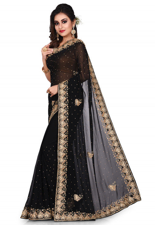 Hand Embroidered Georgette Saree in Black : SEH2307