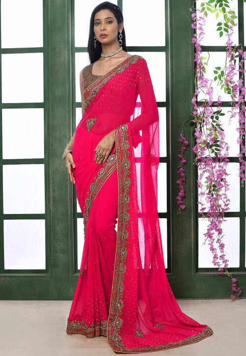 Wedding Stylish Pink Georgette sarees Fully Sequence Hand work Border Sari  Top | eBay