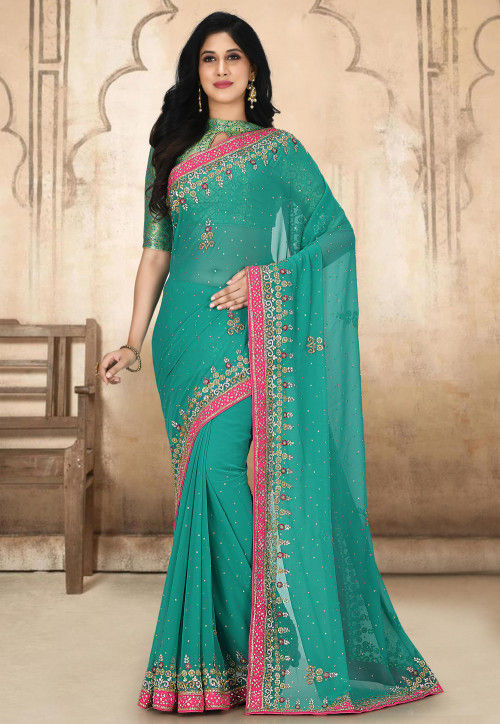 Hand Embroidered Georgette Saree in Light Teal Green : SEH3175