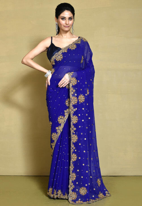 Hand Embroidered Georgette Saree in Navy Blue