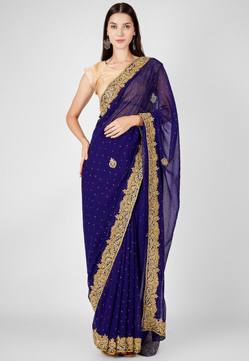 Hand Embroidered Georgette Saree in Navy Blue